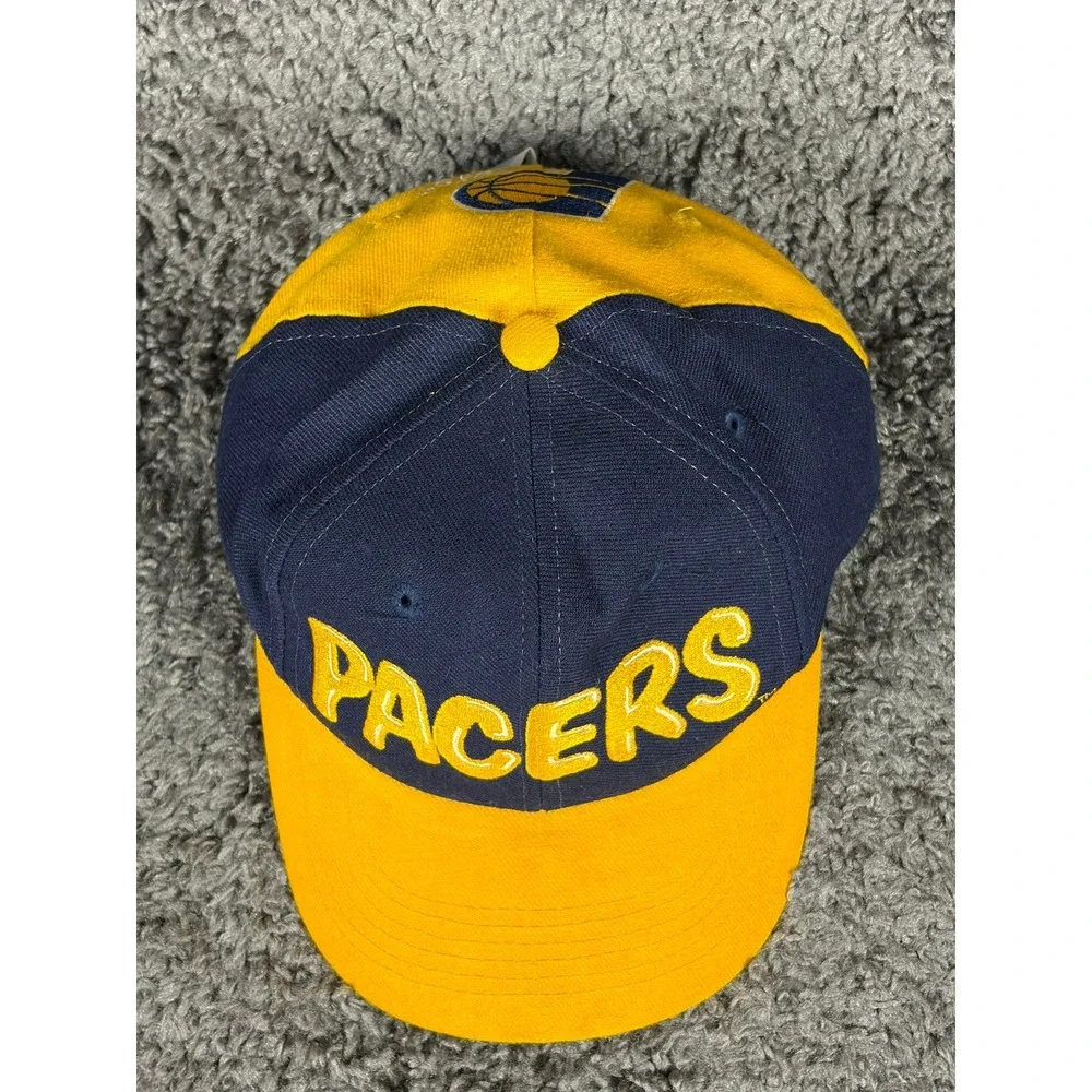 Vintage 90s Indiana Pacers Youth Snapback Hat AJD NBA Big Spellout Navy Yellow